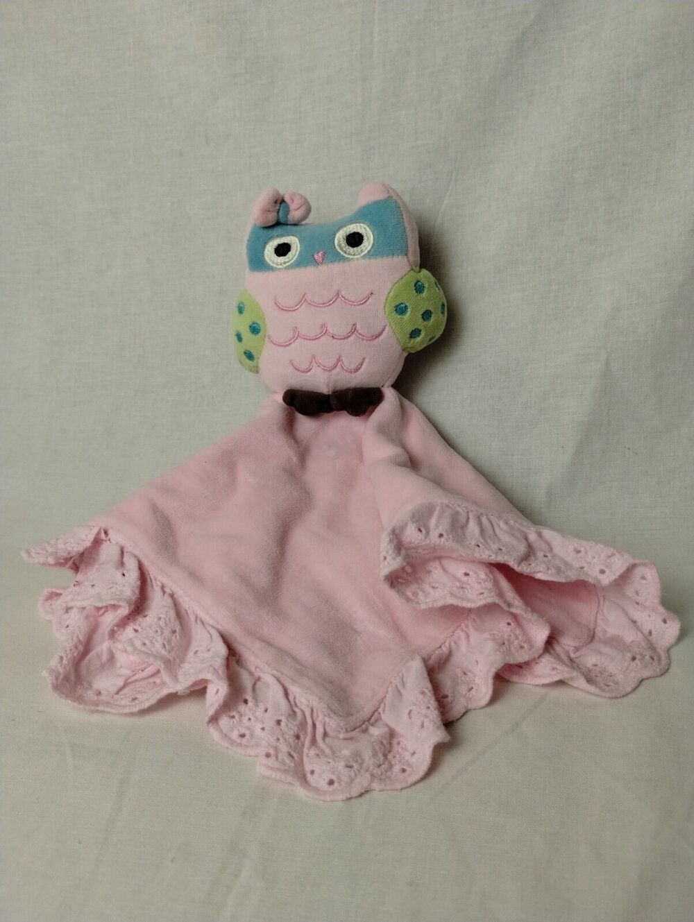 2013 Babies R Us Pink Owl Plush Security Blanket Lovey Pink Eyelet Trim 14" Soft
